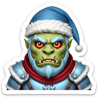 
Fantasy Christmas orc legion soldier icon, iron tundra army theme, heavy winter armor, disciplined brutal look, icy blue steel armor with deep crimson accents, frozen metal texture, cold winter atmosphere, male variant sticker