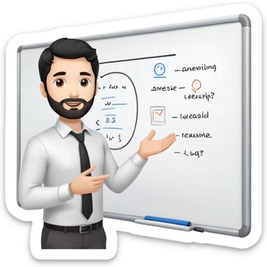 Professional 35-year-old man with black wavy hair, stubble, strong jawline, white skin tone, wearing smart casual business attire, standing in front of a diverse group, facilitating an interactive leadership workshop with whiteboard and participants sticker