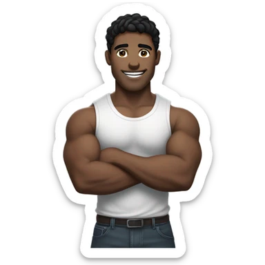 man with white skin, black hair and light eyes smiling while his muscular arms are crossed at chest level, he stares. sticker