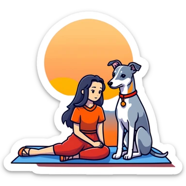 A very beautiful and attractive 25-year-old Chinese woman with long flowing black hair and a SOLID DARK GREY whippet sitting together during a beautiful sunset. The whippet MUST be COMPLETELY SOLID DARK GREY with ABSOLUTELY NO WHITE MARKINGS ANYWHERE - no white chest, no white face, no white paws, no white tip on tail - ENTIRELY ONE SOLID DARK GREY COLOR throughout the entire dog. Orange and red sunset sky in the background. sticker