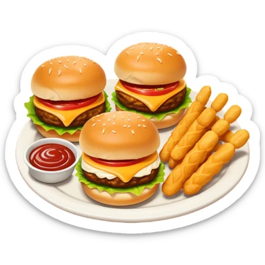 emoji of a Tripper Dipperv appetizer platter from Chili’s. The emoji should feature two mini cheeseburger sliders with glossy brioche buns and melted cheese, crispy golden mozzarella sticks, and saucy chicken tenders sticker