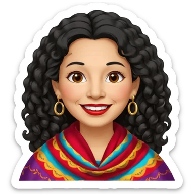 60 yr old peruvian woman, slightly chubby, wavy/curly long black hair, red lipstick, big smile, white teeth, brown eyes, hoop earings, side part to hair, round face sticker