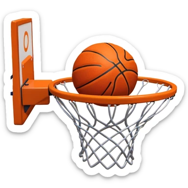 A close-up shot of a basketball entering the hoop, with the ball swishing through the net. The background features a blurred basketball court, emphasizing the perfect shot and the excitement of the game. sticker