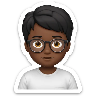 3D cartoon emoji portrait of a young character with black skin, messy black hair, big expressive brown eyes, wearing glasses and a white t-shirt, realistic shading, Pixar-style lighting, smooth texture, cute and slightly funny expression, high-quality render, white background, Apple Memoji style sticker