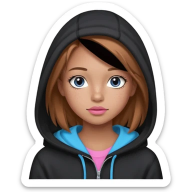 Create a teenage girl with straight light brown hair, tan skin, light freckles, and blue-grey eyes. She will have pink lips and long black eyelashes. She will be wearing a big black hoodie. sticker
