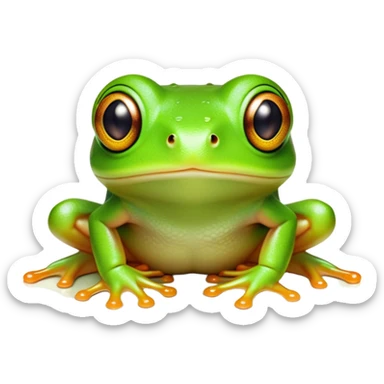 Cinematic Cute Green Tree Frog Portrait Emoji, Head tilted playfully and inquisitively, featuring a charmingly compact form with vivid green, slightly textured skin, prominent sticky toe pads, and round, sparkling eyes full of playful wonder, Simplified yet irresistibly adorable features, highly detailed, glowing with a warm, inviting jungle glow, high shine, affectionate and lively, stylized with a touch of tropical whimsy, soft glowing outline, capturing the essence of a mischievous yet loving frog that seems as if it could hop out of the screen into your arms! sticker