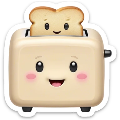 Cute Kawaii Toaster, tiny and square, soft pastel cream with a happy smile, chubby cheeks, two little toast slices popping out, giggling in excitement! sticker
