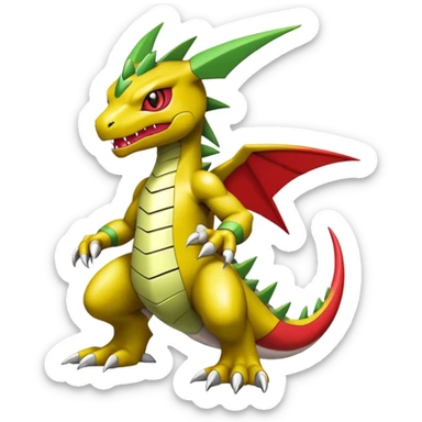 Cool edgy cute shiny futuristic Guilmon-Flygon-Tyranitar-Digimon-hybrid-fusion, yellow belly, full body sticker