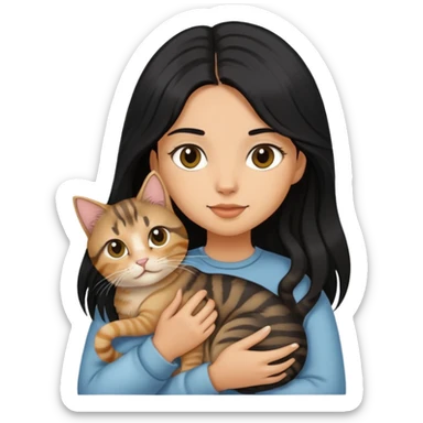 Long black hair girl holding a haired tabby cat sticker