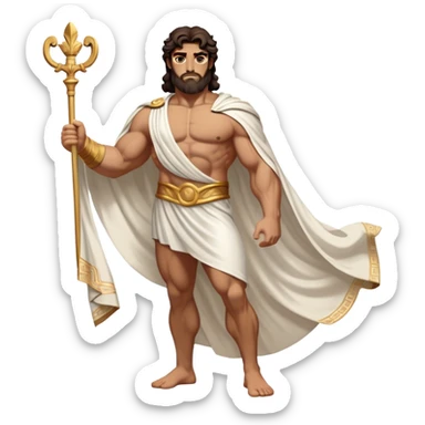 Cinematic Realistic Hercules Portrait, depicted as a classical Greek statue with a robust, muscular build and perfectly chiseled features. His bronze, sun-kissed skin has a timeless, marble-like quality, and his thick, wavy dark hair frames a face exuding determination and quiet nobility. Draped in a flowing white robe with subtle golden accents, the portrait is rendered under dynamic natural lighting that highlights every sculpted detail and evokes the majesty of ancient myth. sticker