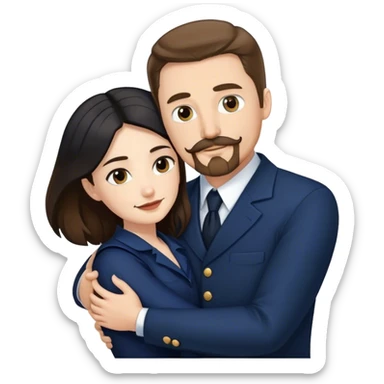 tall white man with brown hair goatee mustache hugging a pale woman with long black hair, wearing navy formal clothing sticker