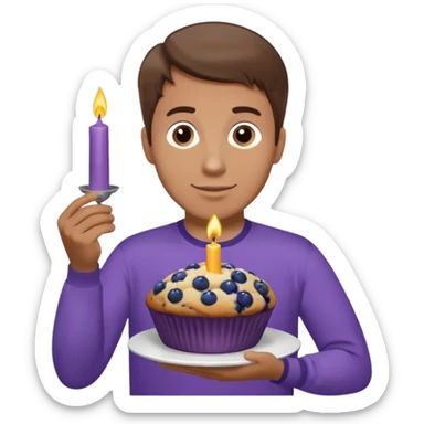 Make a white man with brown hair wearing a shirt that says happy b day Virginia holding a blueberry muffin with a birthday candle in it. Have him holding multiple muffins and no candles in hand. Have him wearing a purple shirt  sticker