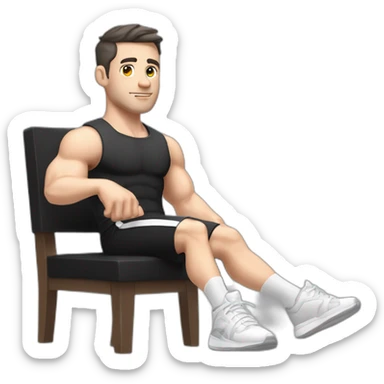 Pale skinned Fit Man With the biceps and dark brown hair in black shirt, gray sports shorts and white Sneakers Sitting on a chair sticker
