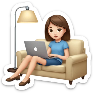 A girl is working with a laptop while lying on a sofa, with a floor lamp to the right. sticker