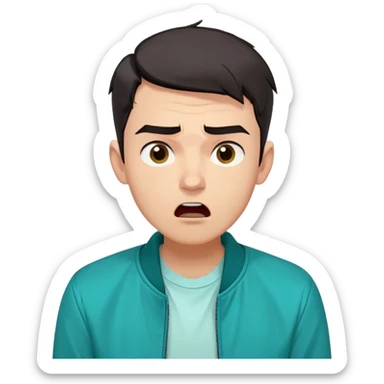Create a set of 5 Twitch-style emotes based on a young man with short dark hair, expressive eyebrows, and a puzzled or skeptical facial expression. The emotes should be in a cartoon style with clean outlines and vibrant colors. Each emote should reflect a different exaggerated reaction: confusion, shock, laughing, angry, and smug. Use a transparent background and ensure the expressions are clearly readable even at small sizes. The character should be wearing a teal jacket and white t-shirt, as in the reference photo. sticker