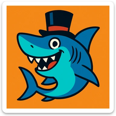 shark wearing a top hat, fun and whimsical style, vibrant toon style sticker