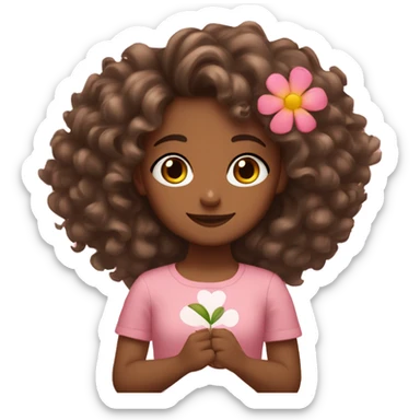 Girl with brown skin curly hair doing a heart with her hands and a flower on her hair sticker