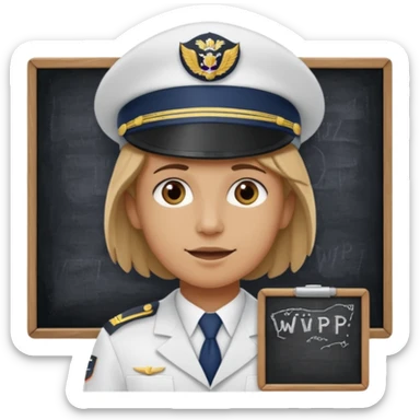 Slack-style emoji of a pilot wearing a navy captain hat holding a blackboard with the text "WIP" on it sticker