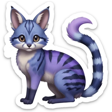  Realistic dull gloomy-dark-deep-grayish-indigo-violet-gradients fur with random markings beautiful elegant pretty precious cute  Fakémon-Pokémon-opossum-feline-serval-caracal-chinchilla-Minccino-hybrid-creature with a big fluffy bushy striped tail (full body) sticker