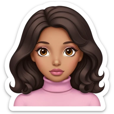 light brown skin tone, very beautiful woman, with big plump lips, long long lashes, black wavy long hair, brown eyes, light pink turtle neck sticker