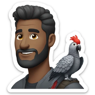 Man with dark brown pompadour hair and dark brown short beard riding on top of a giant african grey bird sticker