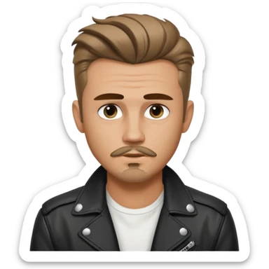 guy with slick James dean hair with front tendrils, mustache and goatee facial hair, wearing a white shirt and a black leather jacket , several silver piercings in ear sticker