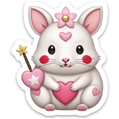 GENERATE ME A MOMONGA WHITE ANIMAL  FROM CHIIKAWA AND PUT A SAKURA FLOWER ON HIS HEAD AND A STAR PELT ON HIS BELLY AND A HEART PURSE ON HIS ARM WITH HIS FACE MAKE HIS TOUNGE STICK OUT WITH A LITTLEPINCH OFDROOL AND MAKE HIM ANIME STYLED ART sticker