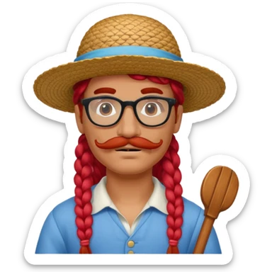 venice gondolier with long red braided hair, iconic hat, normal glassess and red mustache sticker