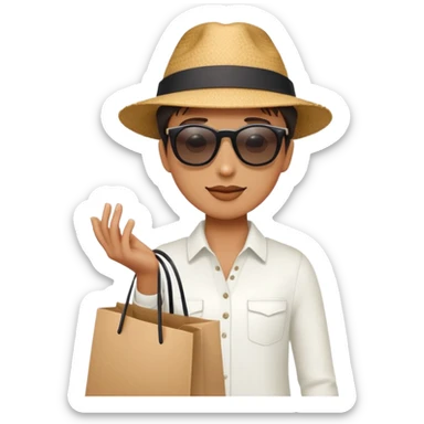 mystery shopper wearing sunglasses and a hat, holding a shopping bag sticker