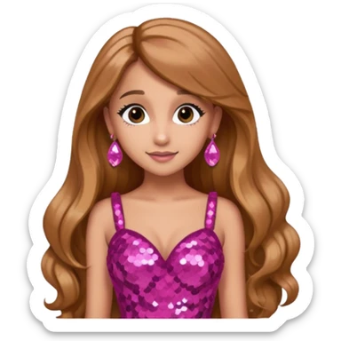 Ariana Grande with long golden brown hair, dark pink sequin dress, pink earrings sticker