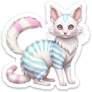  cute adorable white albino fur with random colorful iridescent markings beautiful elegant pretty precious cute  Fakémon-Pokémon-alien-opossum-feline-serval-caracal-chinchilla-Minccino-hybrid-creature with a big fluffy bushy striped tail (full body) sticker