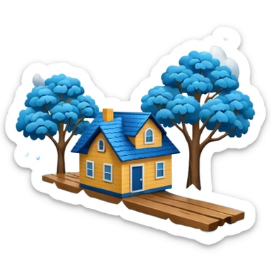 showing a flood disaster scene with powerful blue water waves carrying floating tree branches and wood pieces, small houses partially submerged, dark storm clouds above, heavy rain, realistic yet simple and clean emoji-style design sticker