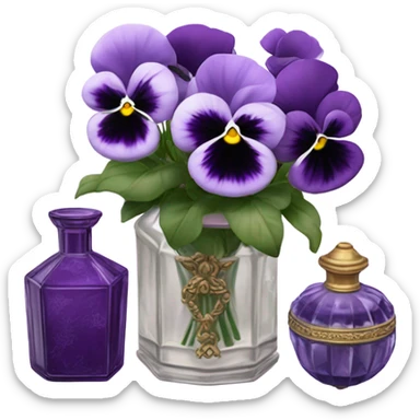 A pink aesthetic still-life: a decorative candle in a glass jar, violet pansies in a crystal vase, and an ornate purple perfume bottle sticker
