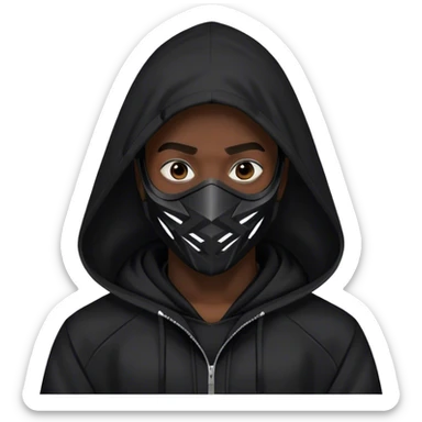 man with black hooded jacket and a full-black full-face geometric mask sticker