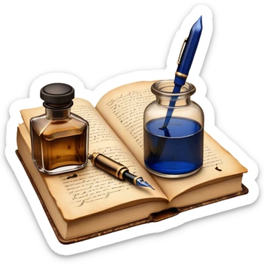 Create a vibrant emoji representing prose writing with an old-style, antique look. The design should include semi-turned pages of an old book with unfinished prose written on them. Add a vintage ink bottle (inkwell) and a classic fountain pen or quill with black or dark blue ink flowing onto the pages. Use warm, earthy tones like deep browns, golds, and creams for the book and ink bottle, with subtle ink splatters for an artistic touch. The overall style should evoke a sense of timeless storytelling and literary craftsmanship. Make the background transparent. sticker