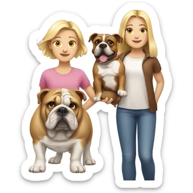 Girl with blonde hair and girl with brown hair with bulldog in the middle sticker
