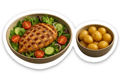 insalate con petto di pollo grigliato e bowl di patate cotte poggiate per terra, iperrealistico 4k sticker