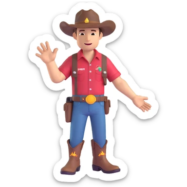 cowboy wearing a Jurassic Park shirt with visible logo, detailed hat and boots, fun and expressive sticker