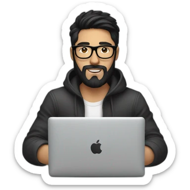 Designer with black hair, beard and glasses working with MacBook and drinking cappuccino  sticker
