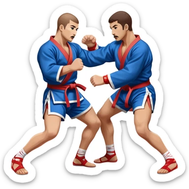 Two Sambo fighters in blue and red kimonos, with shorts and wrestling shoes, performing grappling and throwing techniques. The background shows a wrestling mat and an intense, focused atmosphere. Transparent background highlights the fluidity and skill of the sport without strikes. sticker
