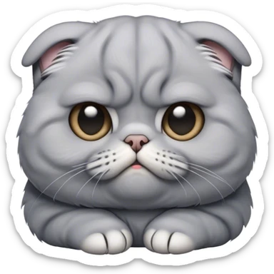 Cinematic Comical Grey Scottish Fold Cat Portrait Emoji, Head tilted with a scrunched, grumpy expression and adorable folded ears, sleek soft grey fur with subtle blue undertones, Simplified yet sharp features, highly detailed, glowing with a slightly sarcastic glow, high shine, poised but with a comically displeased demeanor, stylized with an air of playful disdain, focused yet unimpressed, soft glowing outline, capturing the essence of a grumpy yet endearing kitty with the classic Scottish Fold charm, so lifelike it feels like it could give you an exaggerated sigh and a disapproving stare at any moment! sticker