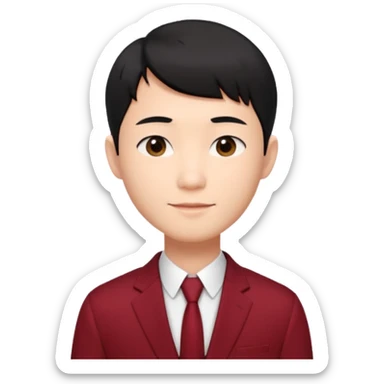 handsome Asian man emoji, short black hair with soft fringe, clean and elegant look, fair skin, gentle smile, wearing dark red suit and white shirt sticker