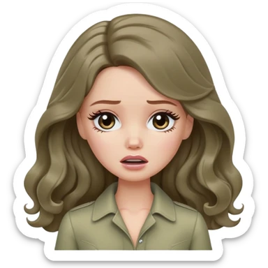 A white Barbie girl with long dark brown wavy hair in pale olive clothes crying sticker