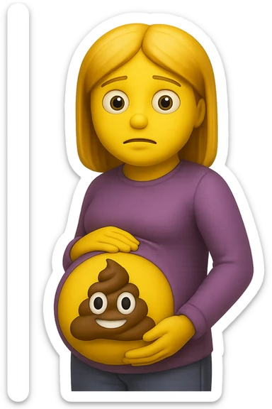 emoji stile iphone di una donna con pancia gonfia piena di cacche con gli occhi, iperrealistico 4k sticker