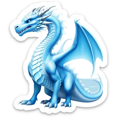 Cinematic Noble wise elegant Ice Dragon full body  Emoji, Poised and imposing, distinct long elegant snout, with a slender, scaled body shimmering in glacial hues of icy blue, frostbitten silver, and crystalline white, breathing out frost, with piercing, glowing ice blue white eyes that radiate the chilling depths of an arctic storm; rendered in detail. excuding wisdom sticker