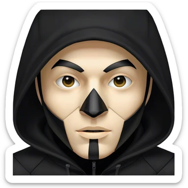 man with black hooded jacket and a full-black full-face geometric mask sticker