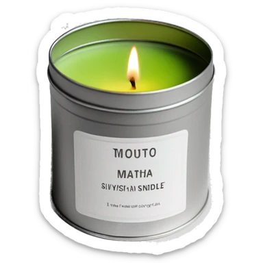 matcha scented candle in a silver tin with a small white label realistic sticker