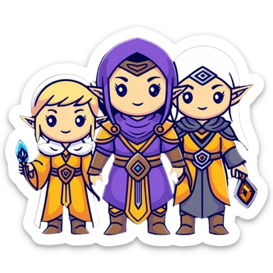 Lineage 2 female characters with Human mystic, Elven ranger, female Dwarf artisan, and Dark Elf sorceress sticker