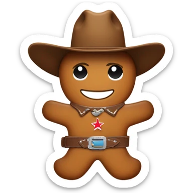 Gingerbread man wearing cowboy hat and a belt with a belt buckle in the shape of Texas sticker