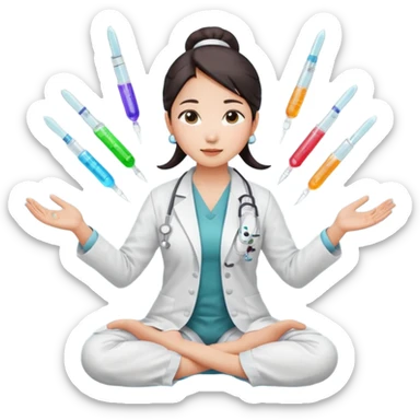 emoji of an asian woman with a single bun in a white lab coat sitting cross legged with micropipettes levitating in an arc around her head, the tips should be pointing away from her and she should not be wearing a steth escope sticker